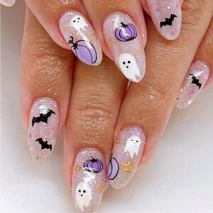 24pcs Halloween Cute Ghost Pumpkin Bat Sparkling Nail Stickers + 1pc Jelly Stick